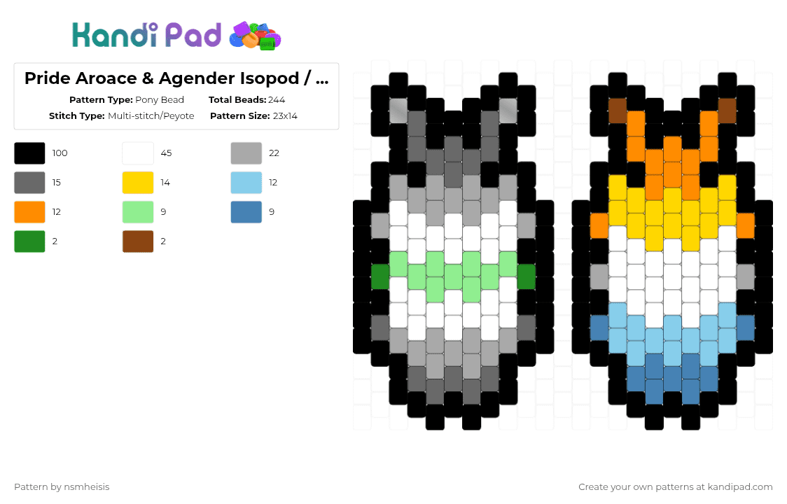 Pride Aroace & Agender Isopod / Pillbug - Pony Bead Pattern by nsmheisis on Kandi Pad - black,gray,beige,yellow,colorful