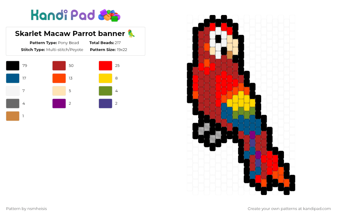 Skarlet Macaw Parrot banner 🦜 - Pony Bead Pattern by nsmheisis on Kandi Pad - red,blue