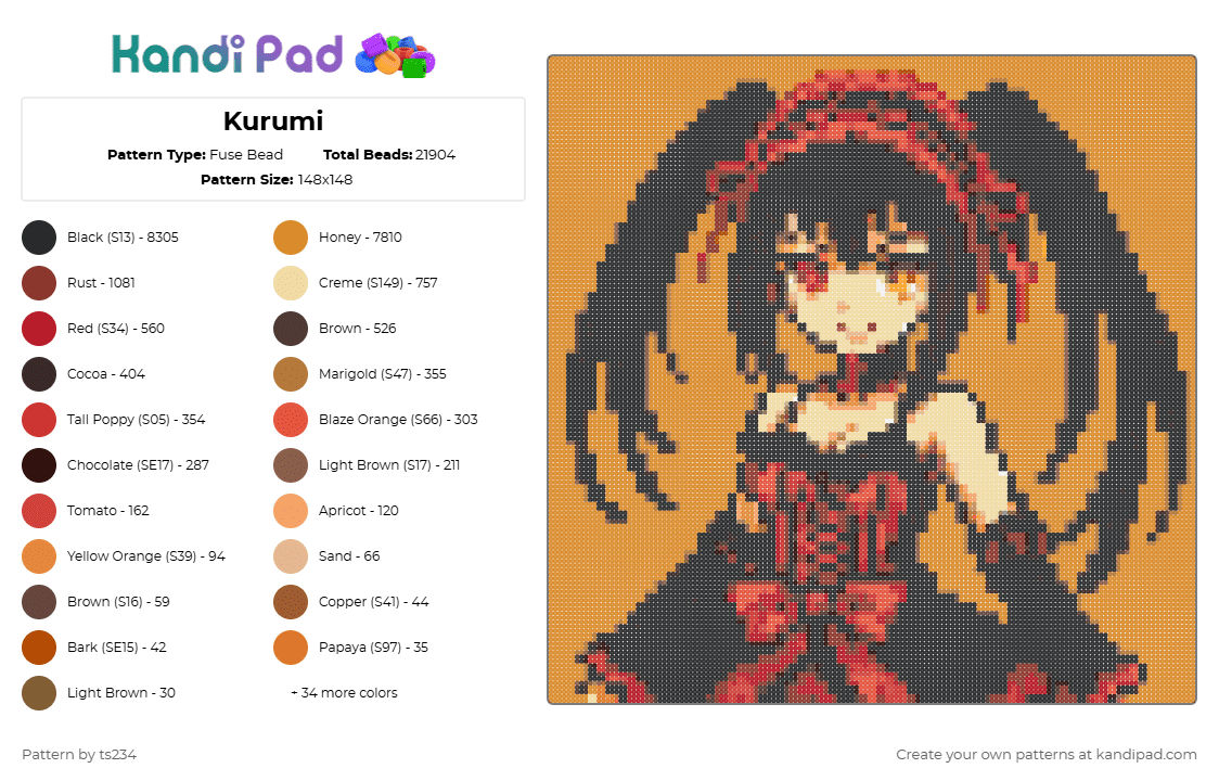 Kurumi - Fuse Bead Pattern by ts234 on Kandi Pad - orange,red,anime,kurumi