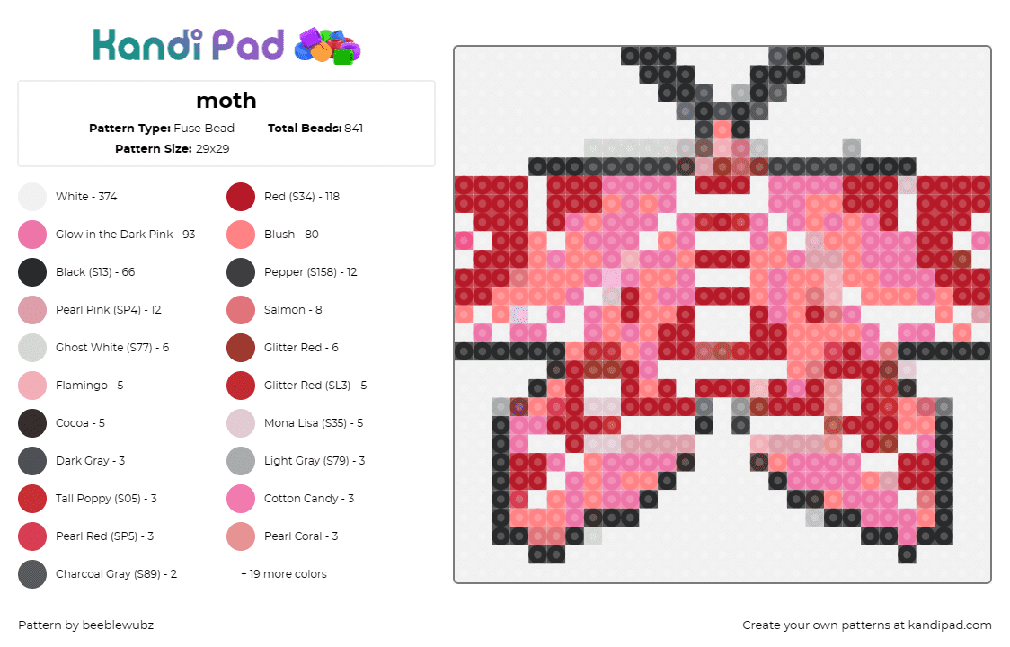 moth - Fuse Bead Pattern by beeblewubz on Kandi Pad - moth,butterfly,delicate,insect,grace,pink,red