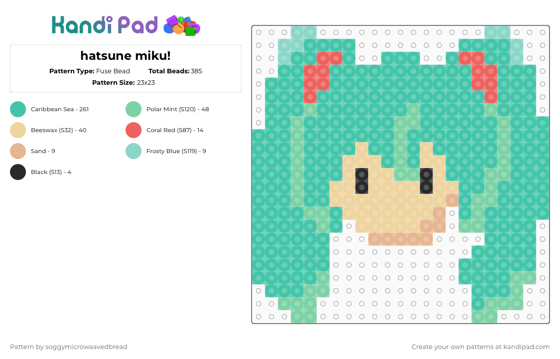hatsune miku! - Fuse Bead Pattern by soggymicrowaavedbread on Kandi Pad - teal,vocaloid miku hatsunemiku
