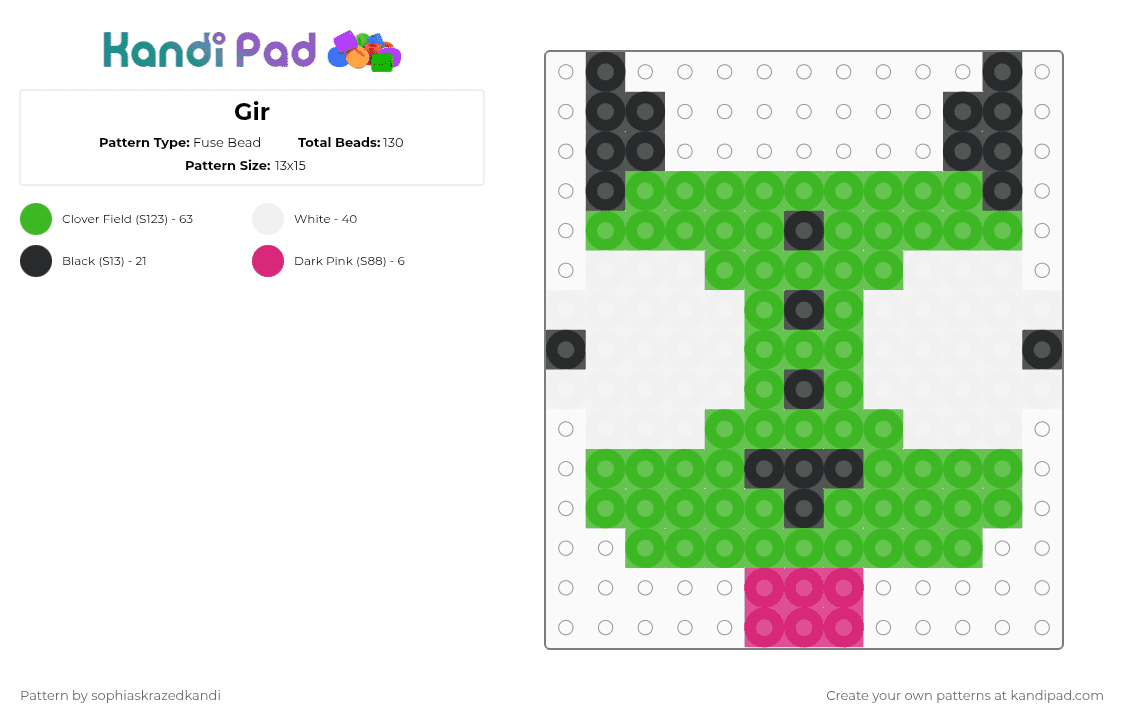 Gir - Fuse Bead Pattern by sophiaskrazedkandi on Kandi Pad - green