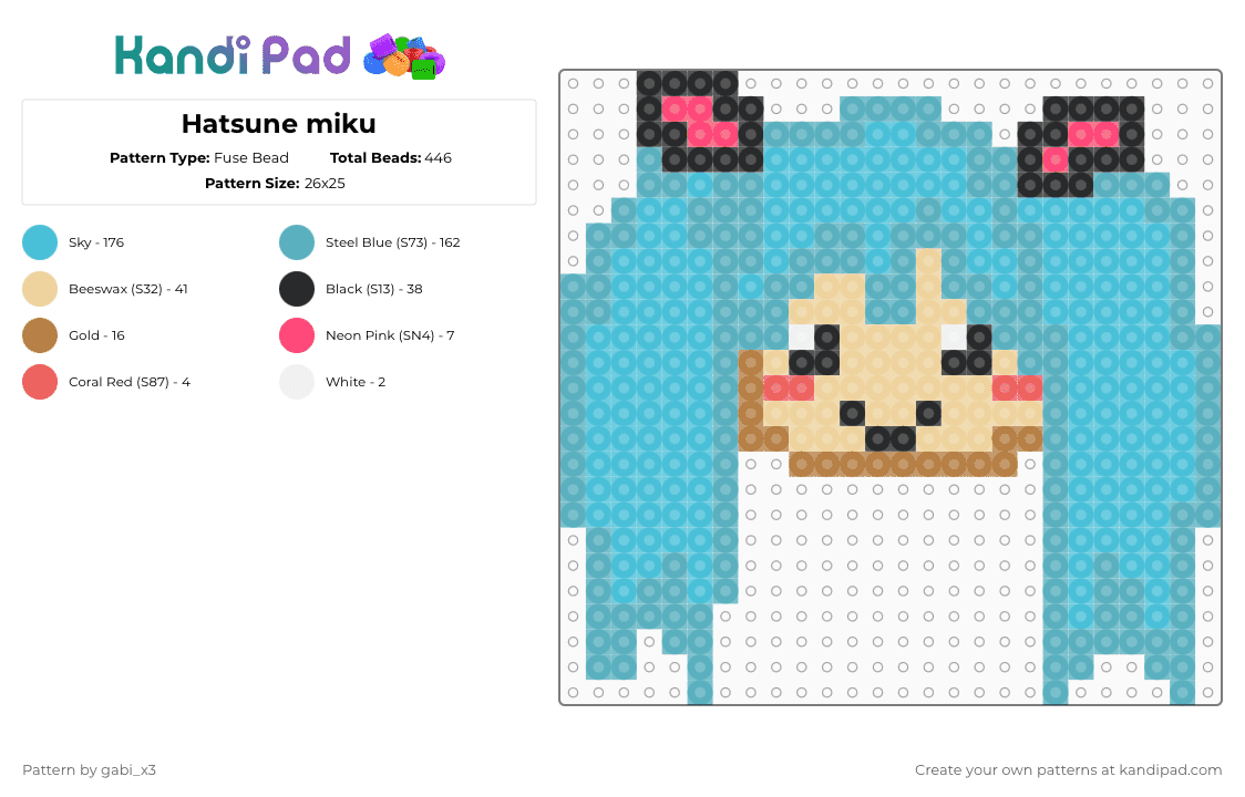 Hatsune miku - Fuse Bead Pattern by gabi_x3 on Kandi Pad - teal,light blue,hatsune,hatsune miku,miku,vocaloid,cutee