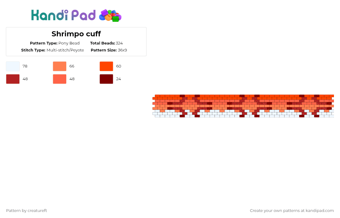 Shrimpo cuff - Pony Bead Pattern by creatureft on Kandi Pad - dandys world, red