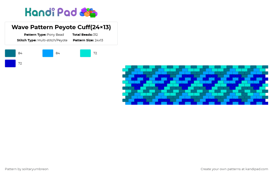 Wave Pattern Peyote Cuff(24×13) - Pony Bead Pattern by solitaryumbreon on Kandi Pad - light blue,ocean,wave,nature,sea,water,peyote,cuff,pattern