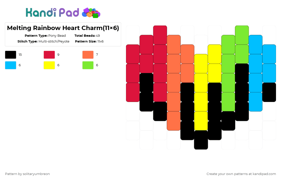 Melting Rainbow Heart Charm(11×6) - Pony Bead Pattern by solitaryumbreon on Kandi Pad - red,orange,rainbow,heart,colorful,shape,charm,peyote,melting,black