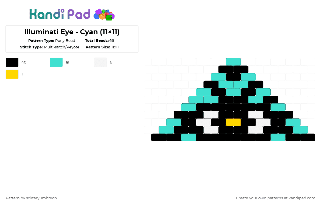 Illuminati Eye - Cyan (11×11) - Pony Bead Pattern by solitaryumbreon on Kandi Pad - black,light blue,charm,small,eye,gold,triangle,illuminati,brick,cotdpins