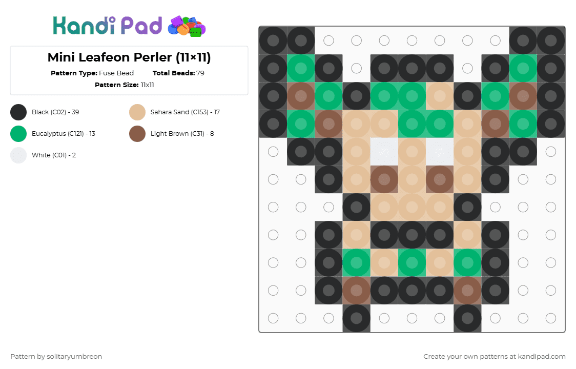 Mini Leafeon Perler (11×11) - Fuse Bead Pattern by solitaryumbreon on Kandi Pad - black,green,beige,pokemon,leafeon,eevee,eeveelutions,character,anime,perler,mini