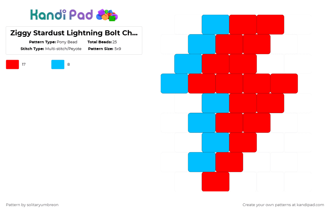 Ziggy Stardust Lightning Bolt Charm (5×9) - Pony Bead Pattern by solitaryumbreon on Kandi Pad - light blue,red,lightning,charm,brick,mini,ziggy,stardust,bowie,david bowie