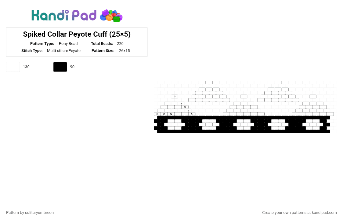 Spiked Collar Peyote Cuff (25×5) - Pony Bead Pattern by solitaryumbreon on Kandi Pad - black, collar, cuff, peyote, pointy, spike, spikes, studded, white