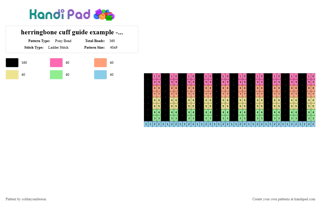 herringbone cuff guide pattern - tutorial example 2 - Pony Bead Pattern by solitaryumbreon on Kandi Pad - orange,teal,colorful,herringbone,cuff,template,guide,rows,numbered,blank,rainbow
