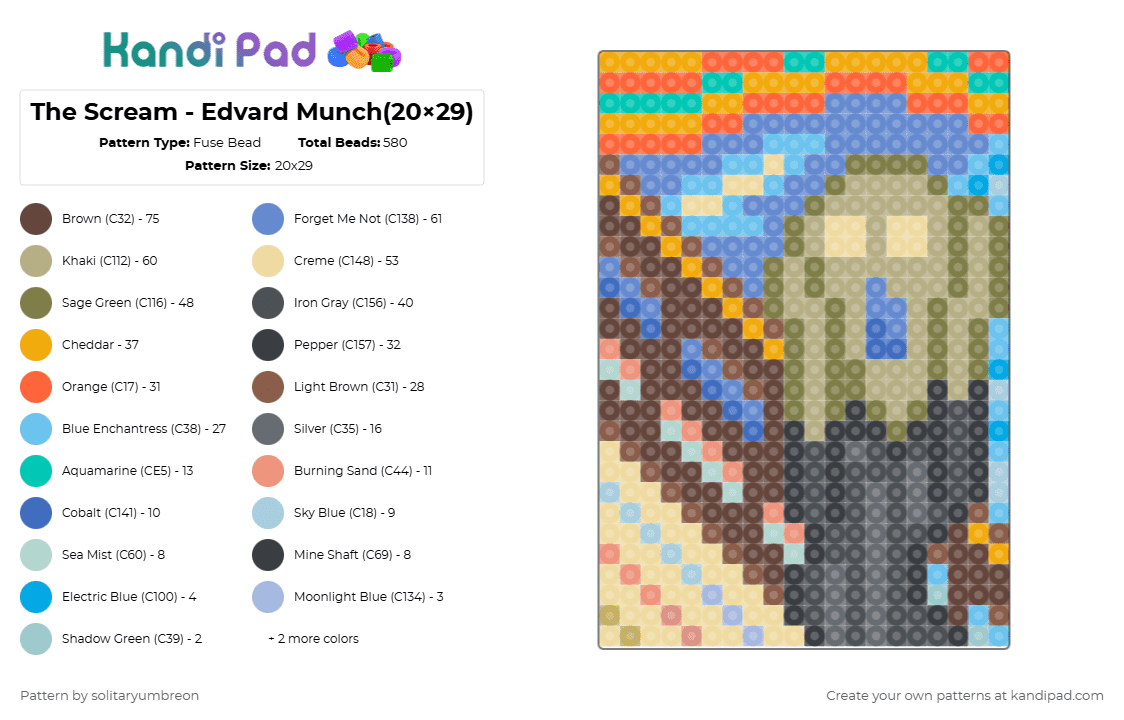 The Scream - Edvard Munch(20×29) - Fuse Bead Pattern by solitaryumbreon on Kandi Pad - blue,beige,brown,colorful,art,scream,person,painting,panel,perlee,artist