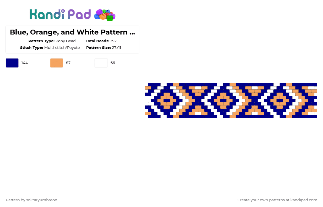 Blue, Orange, and White Pattern Peyote Cuff(27×11) - Pony Bead Pattern by solitaryumbreon on Kandi Pad - orange,purple,peyote,cuff,bold,trippy,geometric,triangle,diamond,shapes