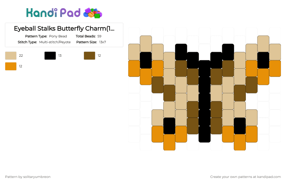 Eyeball Stalks Butterfly Charm(13×7) - Pony Bead Pattern by solitaryumbreon on Kandi Pad - beige,butterfly,eye,insect,wings,nature,charm,peyote,bug