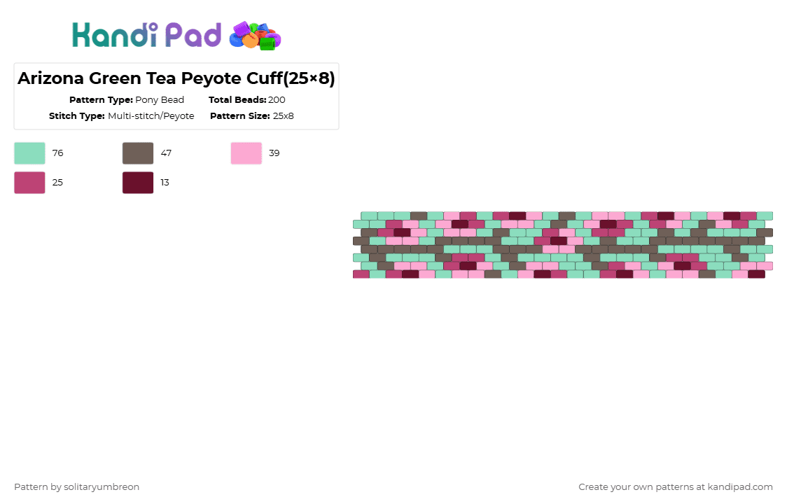 Arizona Green Tea Peyote Cuff(25×8) - Pony Bead Pattern by solitaryumbreon on Kandi Pad - teal,pink,tree,tea,nature,arizona,flowers,peyote,cuff,bloom