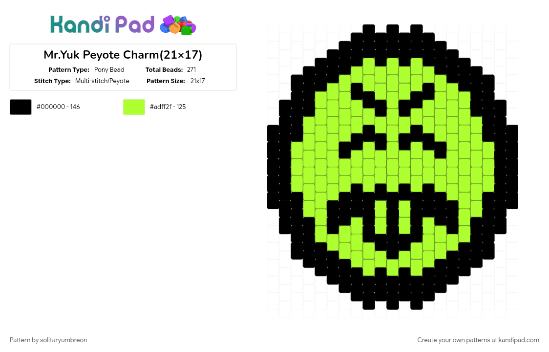 Mr.Yuk Peyote Charm(21×17) - Pony Bead Pattern by solitaryumbreon on Kandi Pad - black, charm, cotdpins, face, green, peyote, smiley, sticker, yuck