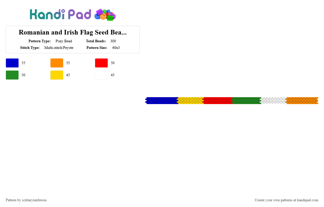 Romanian and Irish Flag Seed Bead Peyote Cuff v2 (60 × 5) - Pony Bead Pattern by solitaryumbreon on Kandi Pad - purple,red,green,orange,flag,peyote,cuff,romanian,irish,band,countries,nationality