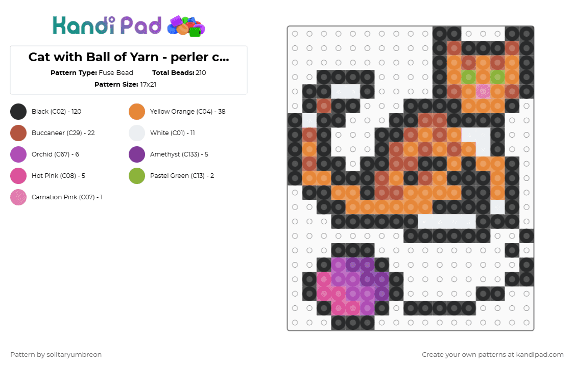 Cat with Ball of Yarn - perler charm(17×21) - Fuse Bead Pattern by solitaryumbreon on Kandi Pad - black,orange,red,cat,charm,perler,small,tabby,kitty,animal,cute