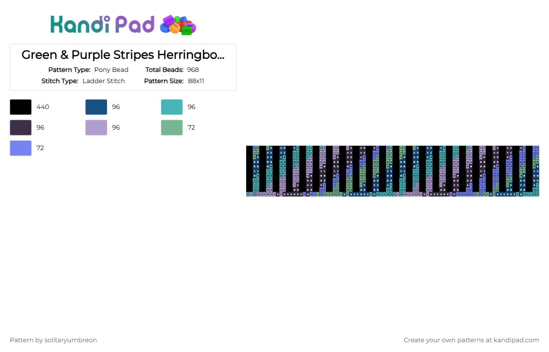 herringbone cuff guide - 4mm seed beads (44×12) - Pony Bead Pattern by solitaryumbreon on Kandi Pad - herringbone,cuff,guide,numbered,blank,stripes,green,purple