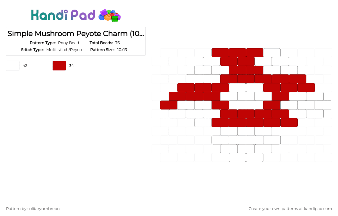 Simple Mushroom Peyote Charm (10×13) - Pony Bead Pattern by solitaryumbreon on Kandi Pad - charm, fungi, fungus, mushroom, peyote, plants, red, white