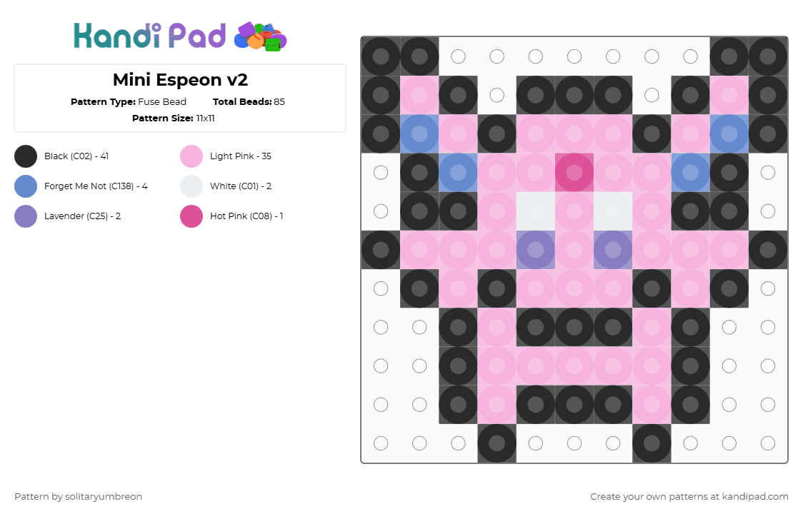 Mini Espeon v2 Perler (11×11) - Fuse Bead Pattern by solitaryumbreon on Kandi Pad - pink,espeon,eevee,eeveelutions,pokemon,animal,character,anime,cartoon
