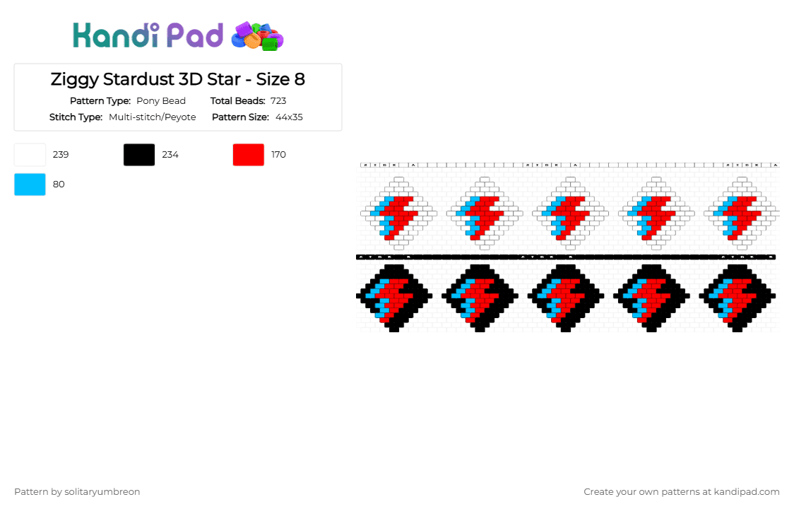 Ziggy Stardust 3D Star - Size 8 - Pony Bead Pattern by solitaryumbreon on Kandi Pad - light blue,red,star,peyote,3d,3d star,lightning,bowie,bolt,stardust