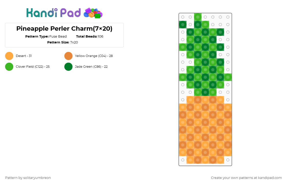 Pineapple Perler Charm(7×20) - Fuse Bead Pattern by solitaryumbreon on Kandi Pad - green,orange,pineapple,fruit,food,charm,perler,tropical,plants,nature