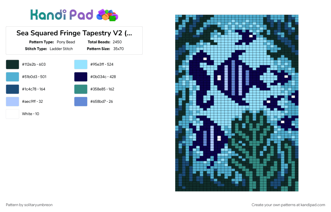 Sea Squared Fringe Tapestry V2 (35×70) - Pony Bead Pattern by solitaryumbreon on Kandi Pad - blue, fish, green, light blue, ocean, sea, sea creature, sea life, tapestry