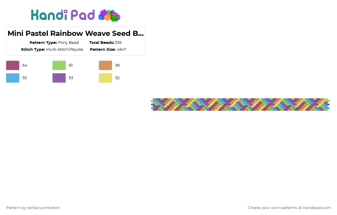 Mini Pastel Rainbow Weave Seed Bead Band - 49×7 (og by coldbrewbaby) - Pony Bead Pattern by solitaryumbreon on Kandi Pad - pink,rainbow,pastel,colorful,stripes,complimentary colors,peyote,cuff,muted
