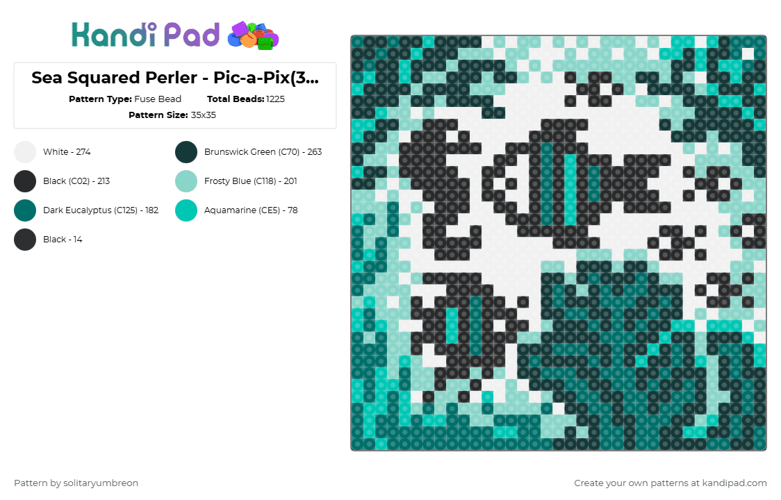 Sea Squared Perler - Pic-a-Pix(35×35) - Fuse Bead Pattern by solitaryumbreon on Kandi Pad - teal,light blue,fish,sea,seaweed,green,ocean,seahorse,perler,water