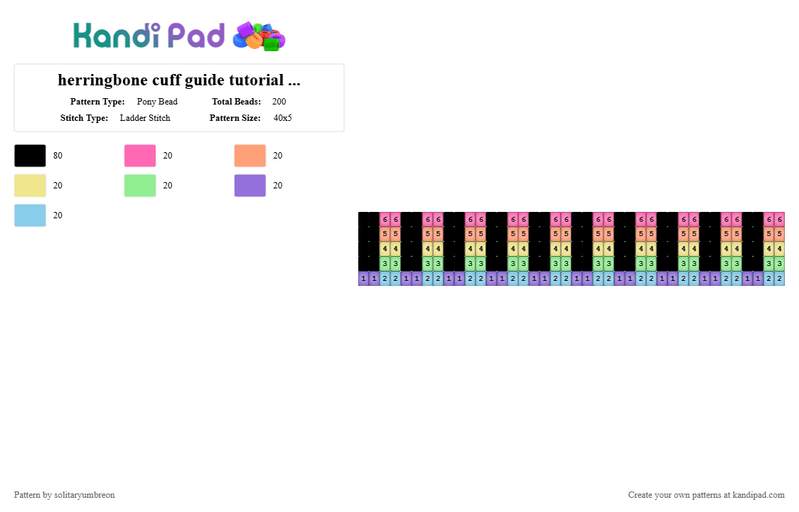 herringbone cuff guide pattern - tutorial example 1 - Pony Bead Pattern by solitaryumbreon on Kandi Pad - orange,teal,light blue,colorful,herringbone,cuff,template,guide,rows,numbered,blank,rainbow
