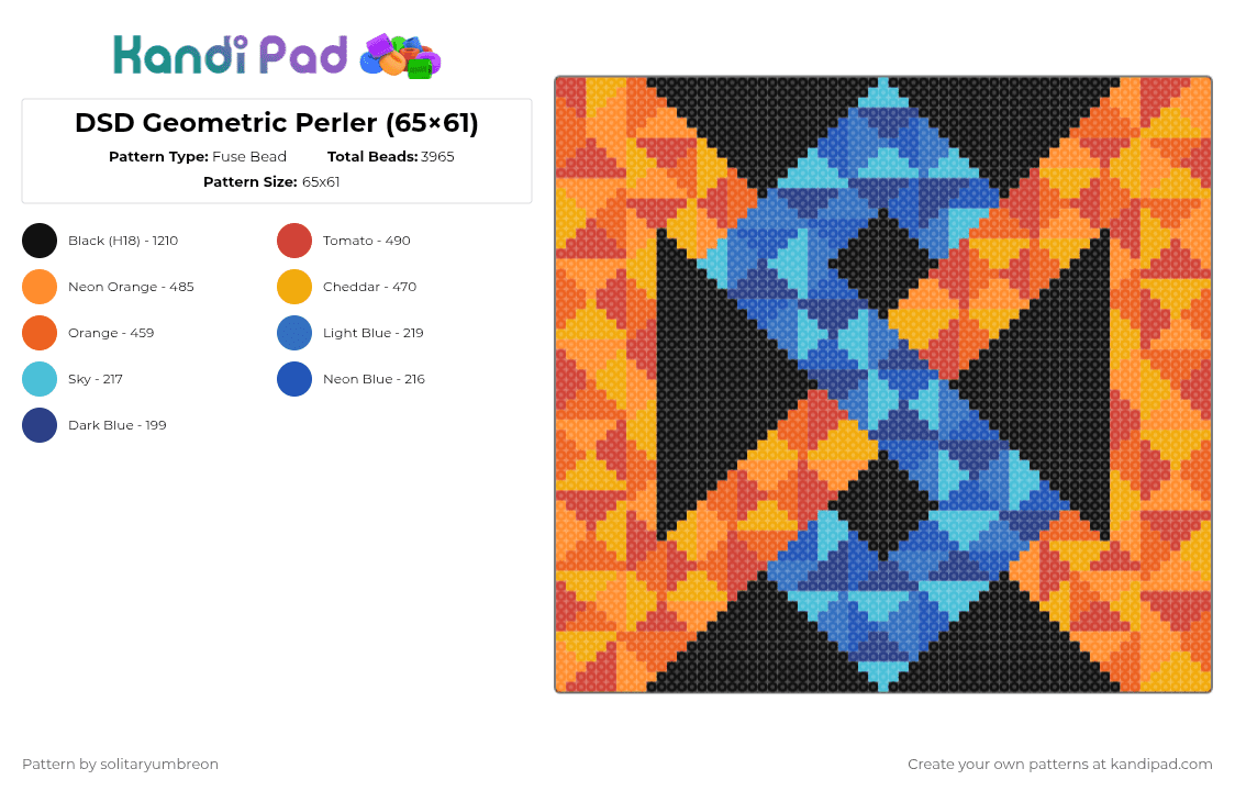 DSD Geometric Perler (65×61) - Fuse Bead Pattern by solitaryumbreon on Kandi Pad - orange,cotdgeometricshapes,initials,letters,triangles,shapes,colorful,trippy,fractals