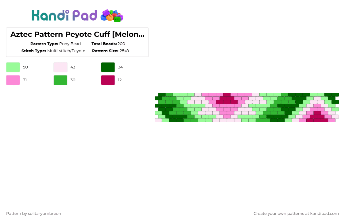 Aztec Pattern Peyote Cuff [Melon](25×8) - Pony Bead Pattern by solitaryumbreon on Kandi Pad - green,teal,aztec,peyote,cuff,colorful,triangles,tribal,watermelon,fruit