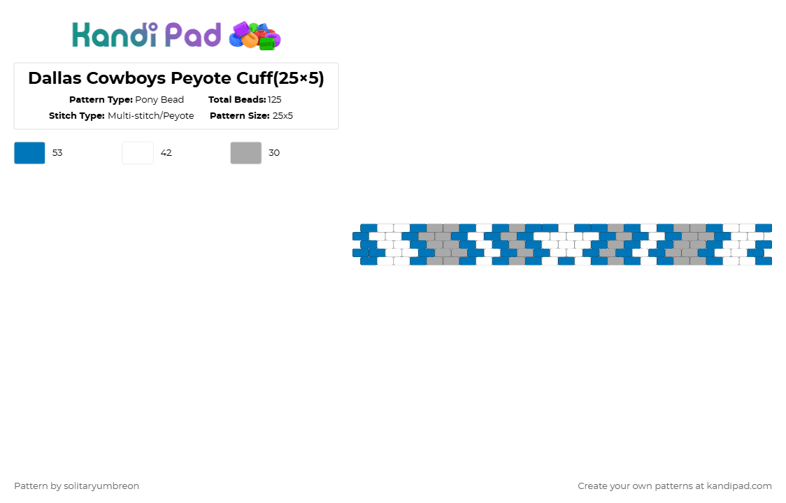 Dallas Cowboys Peyote Cuff(25×5) - Pony Bead Pattern by solitaryumbreon on Kandi Pad - blue,beige,stars,football,sports,team,texas,cowboys,silver