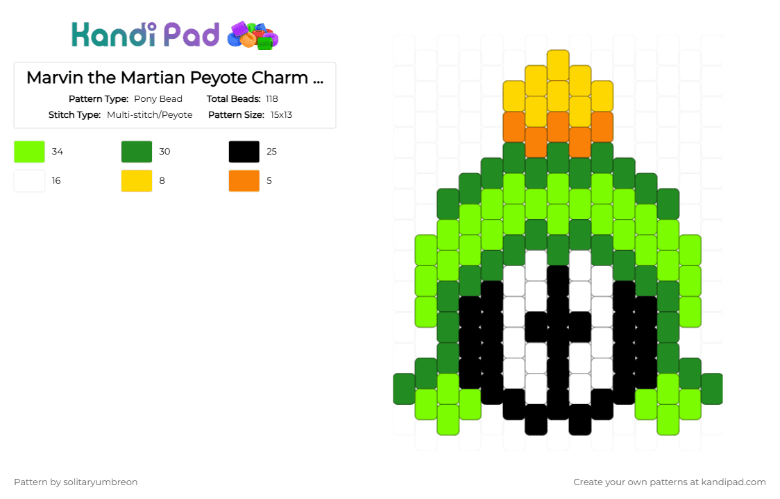 Marvin the Martian Peyote Charm (15×13) - Pony Bead Pattern by solitaryumbreon on Kandi Pad - green,alien,cartoon,character,charm,peyote,marvin,martian