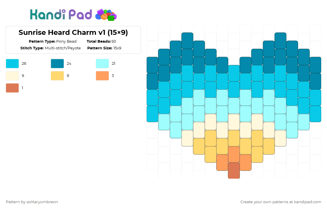 Sunrise Heart Charm v1 (15×9) - Pony Bead Pattern by solitaryumbreon on Kandi Pad - light blue,heart,charm,sunrise,sky,peyote,small,pendant,sunset