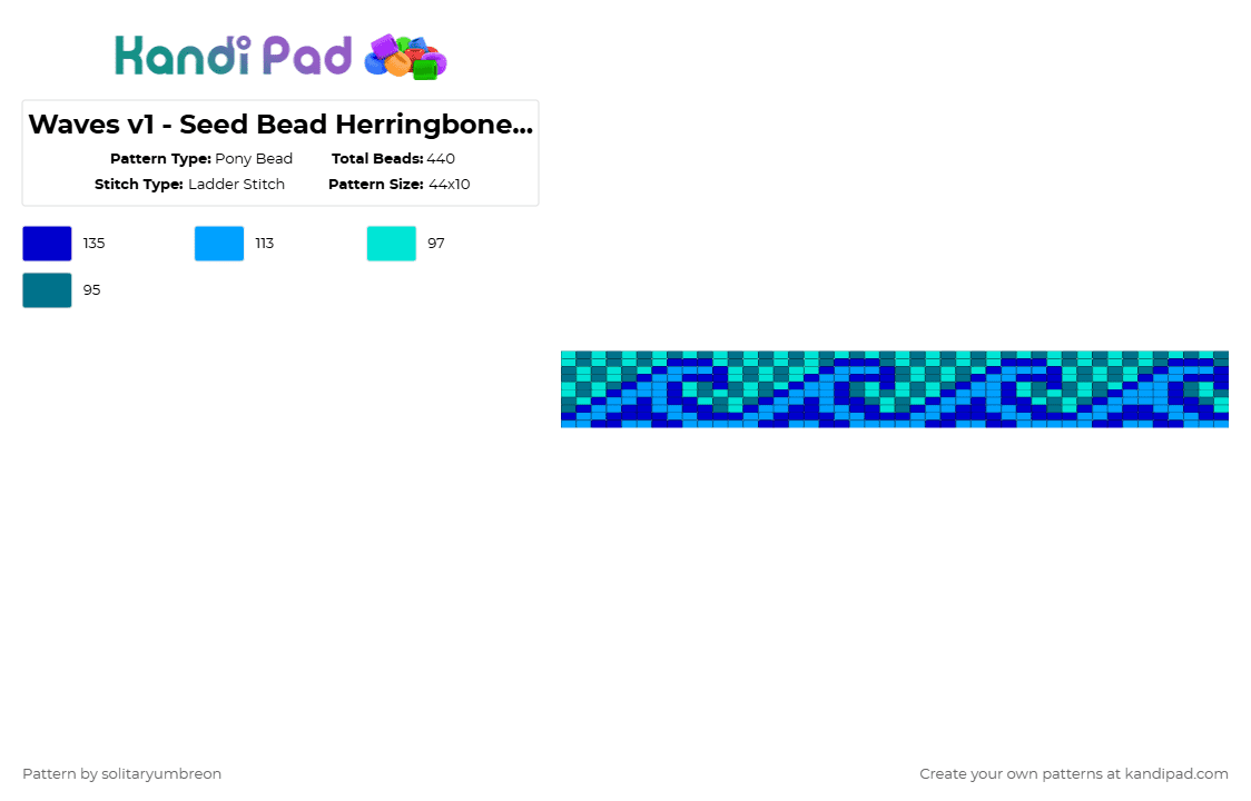 Waves v1 - Seed Bead Herringbone Cuff (44×10) - Pony Bead Pattern by solitaryumbreon on Kandi Pad - light blue,pattern,cuff,herringbone,waves,ocean,sea,blue,nature