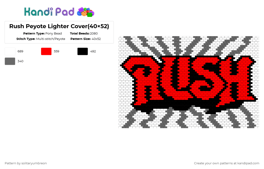 Rush Peyote Lighter Cover(40×52) - Pony Bead Pattern by solitaryumbreon on Kandi Pad - gray,red,cover,band,music,rush,rock,album,lighter,koozie