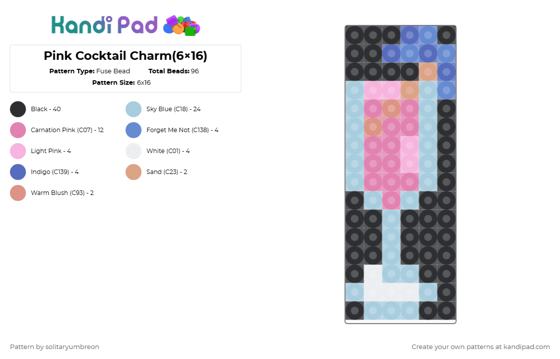 Pink Cocktail Charm(6×16) - Fuse Bead Pattern by solitaryumbreon on Kandi Pad - light blue,pink,drink,glass,cup,umbrella,food,perler,charm,mini