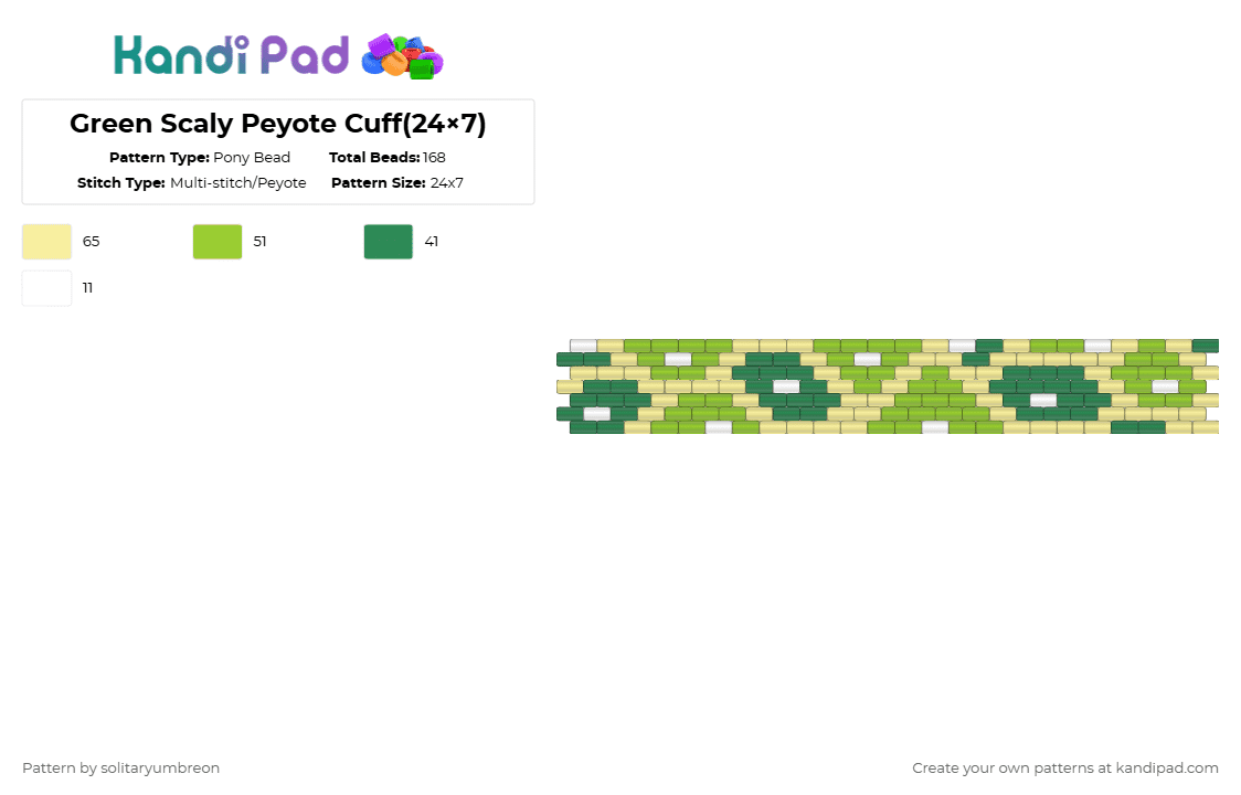 Green Scaly Peyote Cuff(24×7) - Pony Bead Pattern by solitaryumbreon on Kandi Pad - green,yellow,cotdscaly,peyote,cuff,snake,scales,animal,nature