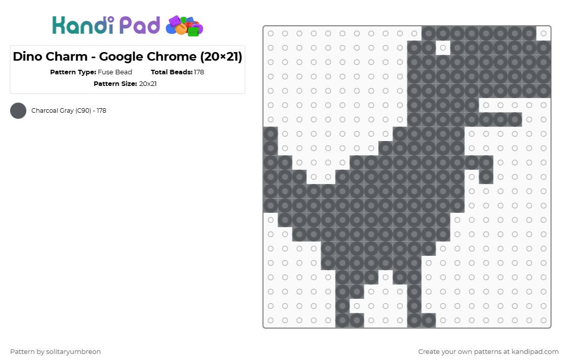 Dino Charm - Google Chrome (20×21) - Fuse Bead Pattern by solitaryumbreon on Kandi Pad - gray,dino,dinosaur,google,game,charm,perler,trex,character