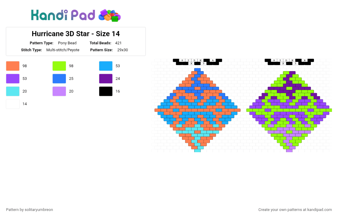 Hurricane 3D Star - Size 14 - Pony Bead Pattern by solitaryumbreon on Kandi Pad - orange,light blue,green,purple,star,peyote,nature,hurricane,weather,neon,3d star,3d