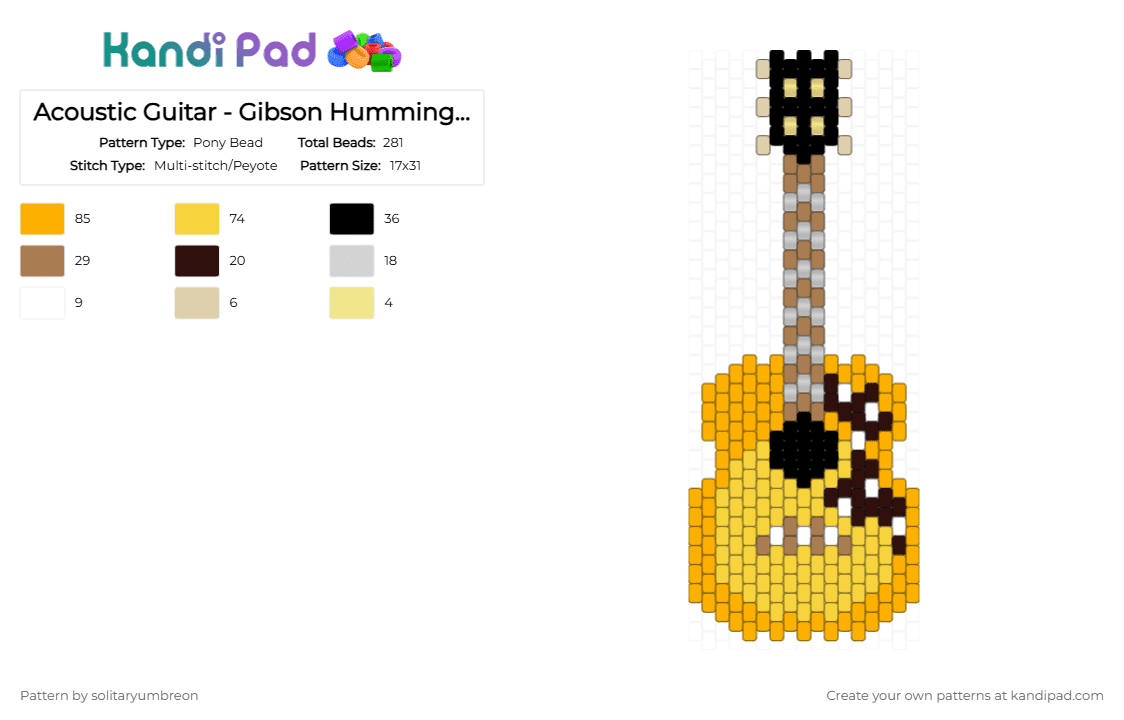 Acoustic Guitar - Gibson Hummingbird Charm (17×31) - Pony Bead Pattern by solitaryumbreon on Kandi Pad - orange,yellow,guitar,charm,peyote,instruments,music,strings,band,rock