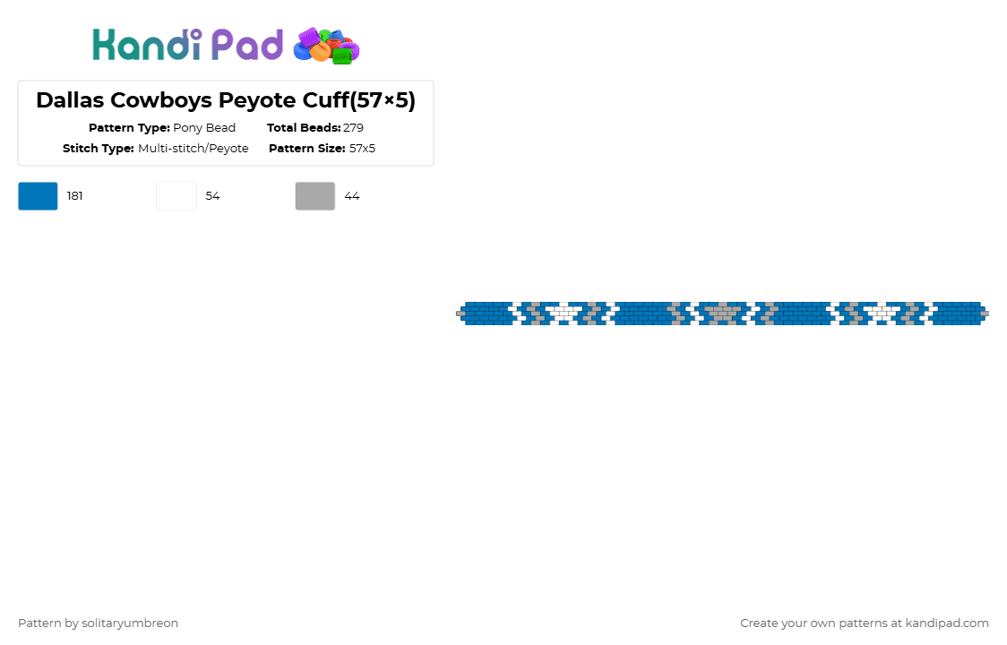 Dallas Cowboys Peyote Cuff(57×5) - Pony Bead Pattern by solitaryumbreon on Kandi Pad - blue,stars,football,sports,team,texas,cowboys,silver