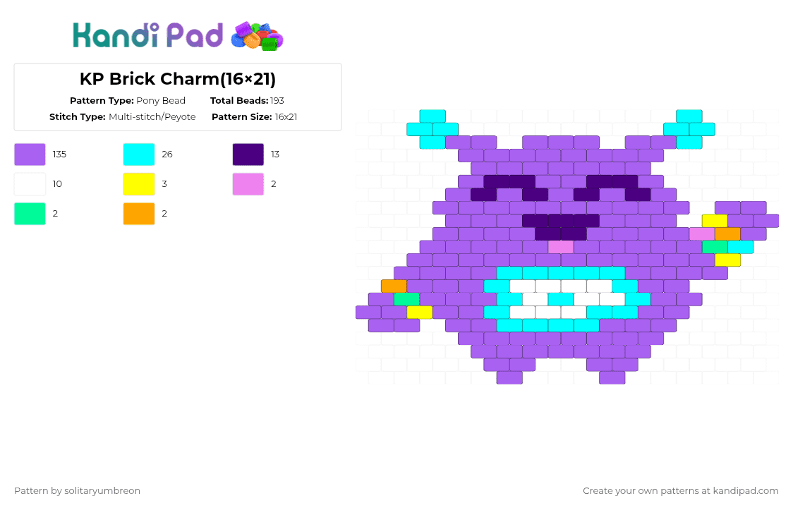 KP Brick Charm(16×21) - Pony Bead Pattern by solitaryumbreon on Kandi Pad - purple,kp,mascot,character,charm,peyote,brick,alien