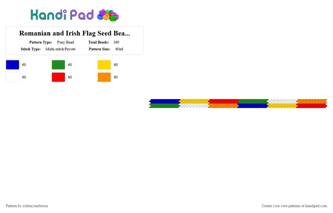Romanian and Irish Flag Seed Bead Peyote Cuff v3 (60 × 6) - Pony Bead Pattern by solitaryumbreon on Kandi Pad - green,red,colorful,flag,peyote,cuff,romanian,irish,band,countries,nationality