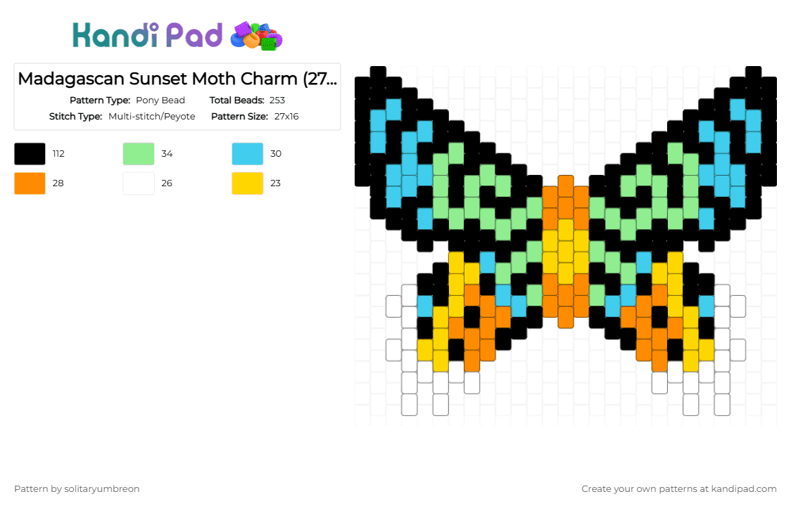 Madagascan Sunset Moth Charm (27×16) - Pony Bead Pattern by solitaryumbreon on Kandi Pad - light blue,teal,orange,butterfly,moth,insect,bug,wings,charm,peyote,sunset