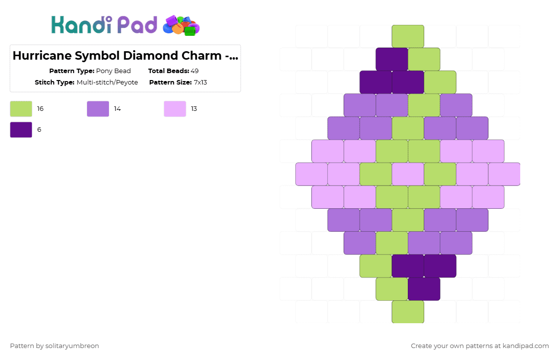 Hurricane Symbol Diamond Charm - Green (13×7) - Pony Bead Pattern by solitaryumbreon on Kandi Pad - pink,green,mini,brick,hurricane,weather,symbol,small,diamond,shape