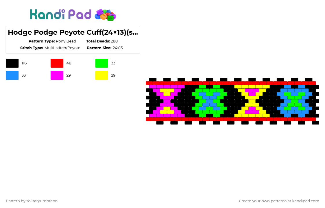 Hodge Podge Peyote Cuff(24×13)(see desc.) - Pony Bead Pattern by solitaryumbreon on Kandi Pad - red,green,light blue,shapes,peyote,cuff,colorful,hourglass,stitch,cross,neon