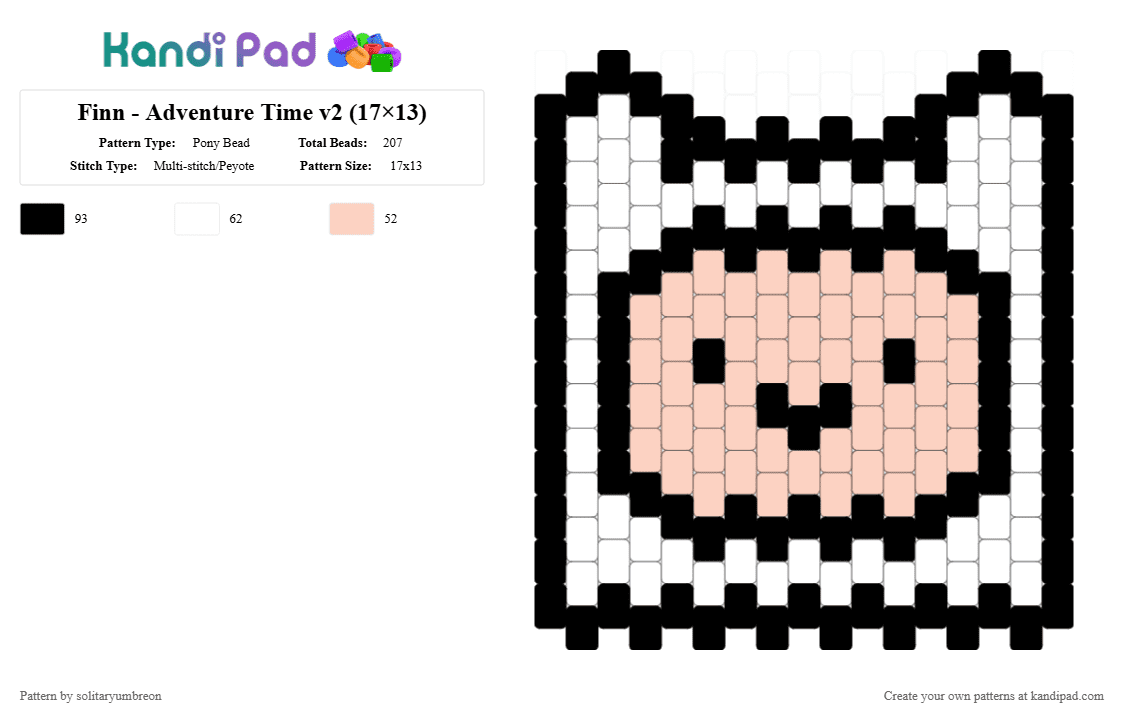 Finn - Adventure Time Peyote Charm (17×13) - Pony Bead Pattern by solitaryumbreon on Kandi Pad - white,beige,finn,adventure time,character,cartoon,peyote,charm,cartoon network,cotdpins